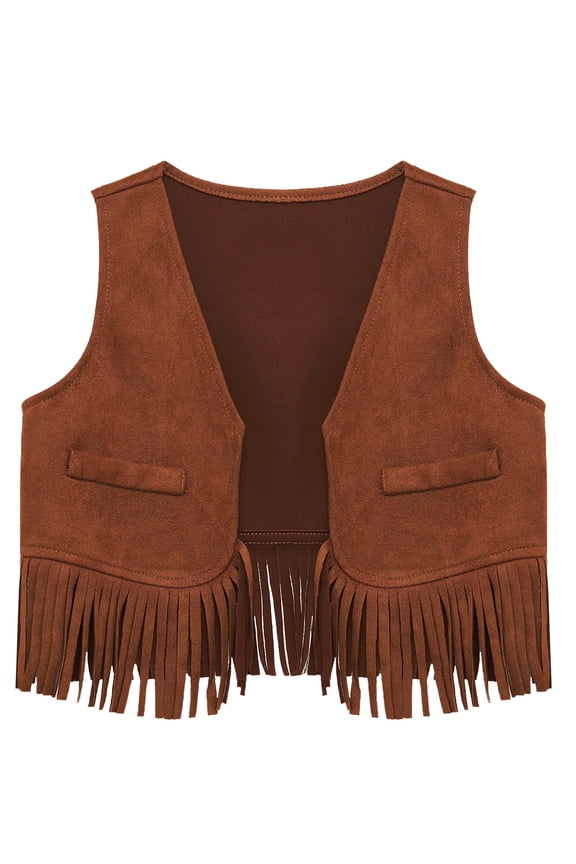 Unisex Baby Western Cowboy Cowgirl Vest Sleeveless Open Front Fringed Tassels Waistcoat Brown 18-24M