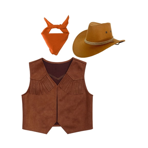 LiiYii Unisex Kids Western Cowboy Cowgirl Outfit Sleeveless Tassel Tops with Bandana Hats Set Orange 4