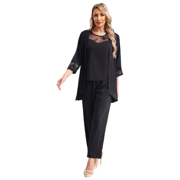 LiiYii Women 3 Piece Chiffon Pant Suits Plus Size Mother of The Bride Outfits Wedding Guest Dress Suits Evening Party Gowns Black-A M