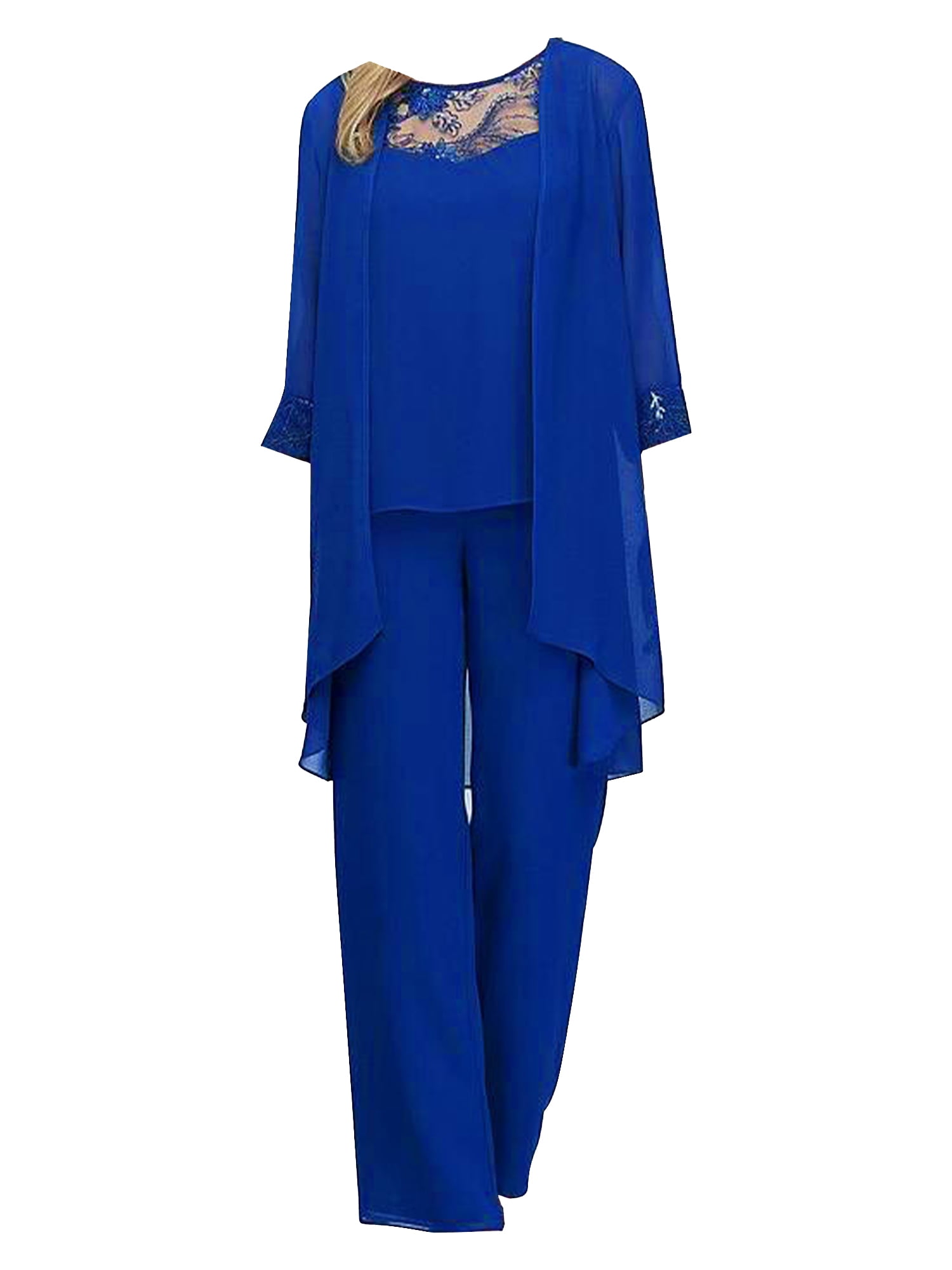 Cicinia Beaded 3 Pieces Chiffon Sky Blue Mother Of The Bride Pant Suits Plus Size Elegant