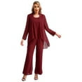 thumbnail image 1 of LiiYii Women 3 Piece Chiffon Pant Suits Plus Size Mother of The Bride Outfits Wedding Guest Dress Suits Evening Party Gowns Burgundy-B L, 1 of 7