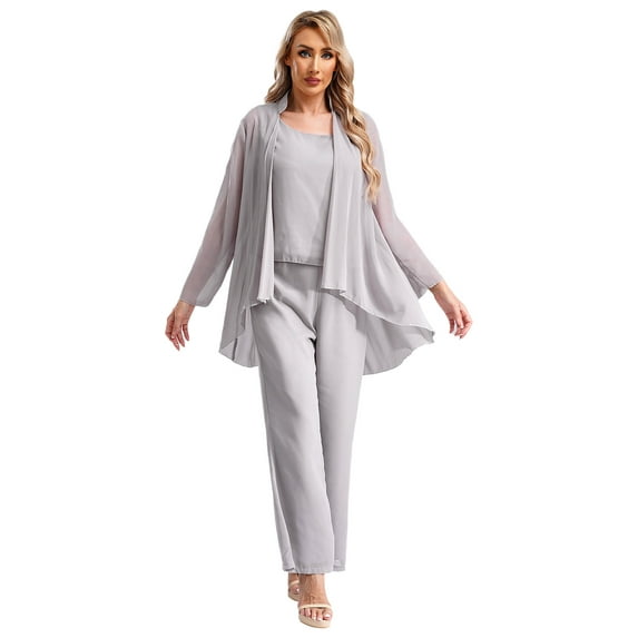 LiiYii Women 3 Piece Chiffon Pant Suits Plus Size Mother of The Bride Outfits Wedding Guest Dress Suits Evening Party Gowns Gray-B XL