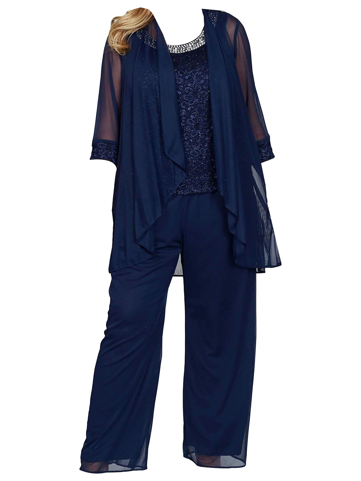 Cicinia Beaded 3 Pieces Chiffon Ink Blue Mother Of The Bride Pant Suits Plus Size Elegant