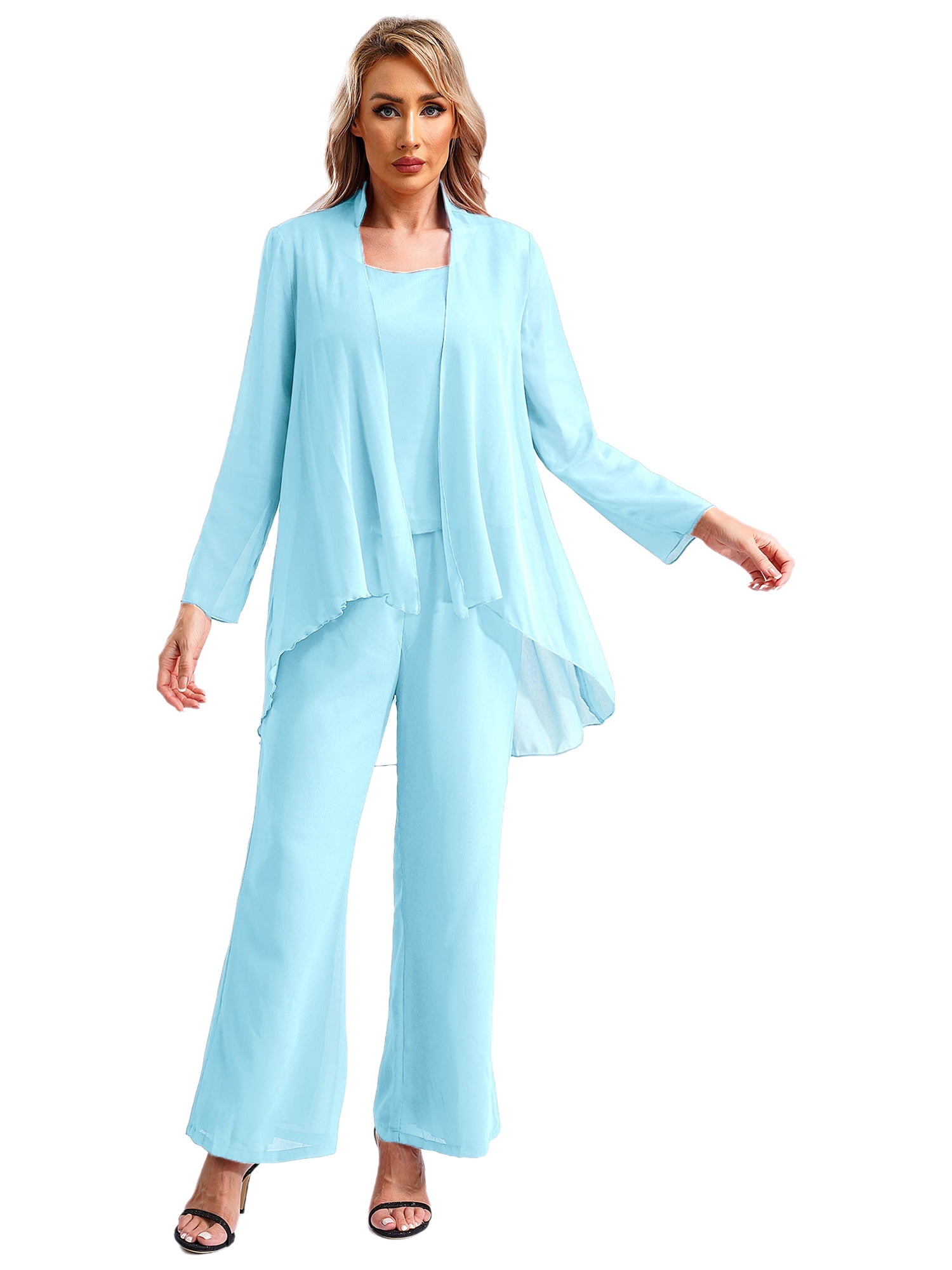 Cicinia Beaded 3 Pieces Chiffon Blue Mother Of The Bride Pant Suits Plus Size Elegant
