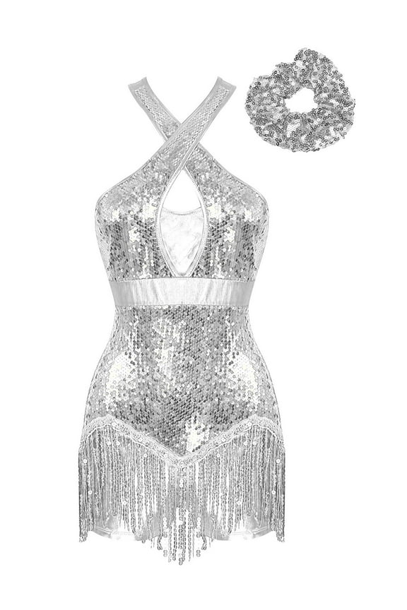 Women Cheerleading Dance Outfits Latin Dance Leotard Cha Cha Salsa Jazz Dance Outfits With Silver M