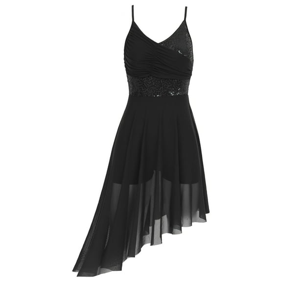 LiiYii Women Lyrical Dance Dress Modern Contemporary Dance Costume Shiny Sequins Mesh High Low Skirt Black L