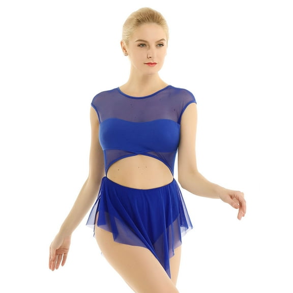 LiiYii Women Sleeveless Lyrical Cut Out Ballet Leotard Dress Girls Asymmetric High Low Skirt Set Blue XL