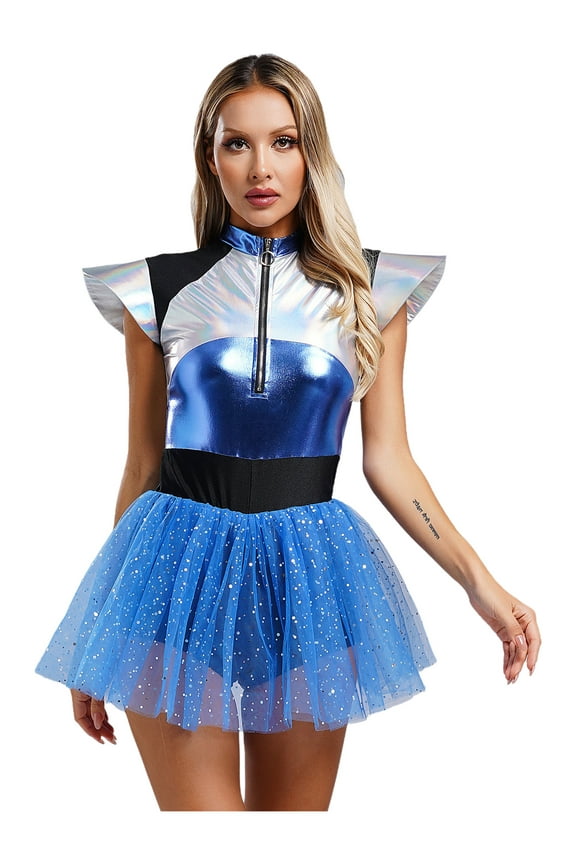 Women Space Alien Astronauts Tulle Dress Alien Metallic Shiny Tulle Skirt Fancy Dress Up Blue XL
