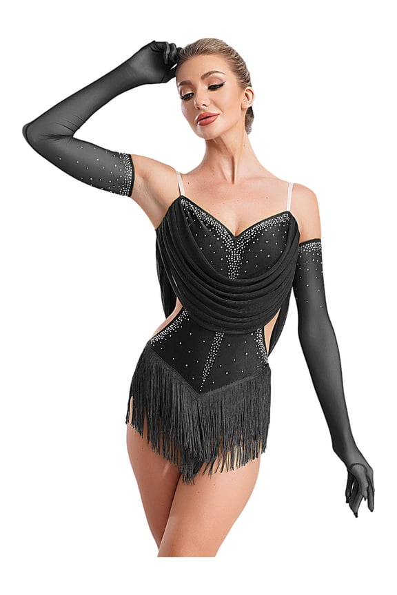 Women Tassel Jazz Latin Dance Dress Glittery Cutout Leotard Bodysuit Salsa Cha-Cha Rumba Performance Black XL