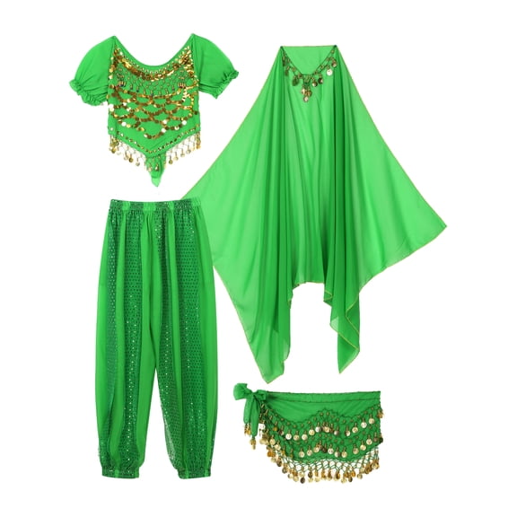 LiiYii Women's Belly Dance Outfit Set India Dancer Fancy Dress Up 4 Piece Harem Pants Suit Green One Size