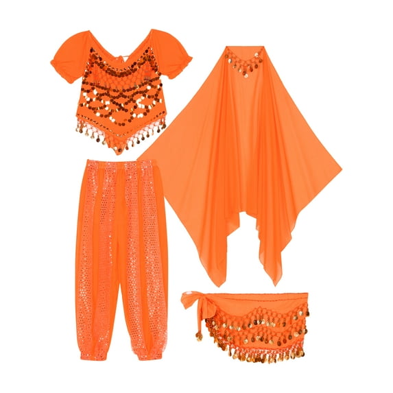 LiiYii Women's Belly Dance Outfit Set India Dancer Fancy Dress Up 4 Piece Harem Pants Suit Orange One Size