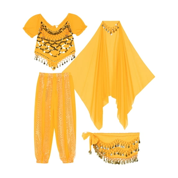 LiiYii Women's Belly Dance Outfit Set India Dancer Fancy Dress Up 4 Piece Harem Pants Suit Yellow One Size