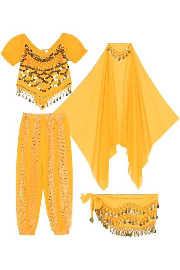 Women's Belly Dance Outfit Set India Dancer Fancy Dress Up 4 Piece Harem Pants Suit Yellow One Size