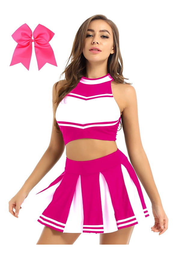 Women's Cheer Leader Uniform Outfit Set Cheerleading Dress Up Party Performance Dancewear Hot Pink M
