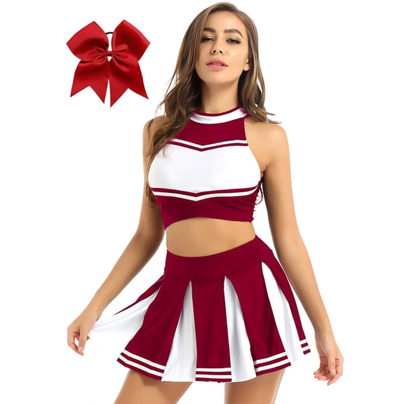 LiiYii Women's Cheer Leader Uniform Outfit Set Cheerleading Dress Up Party Performance Dancewear Wine Red M