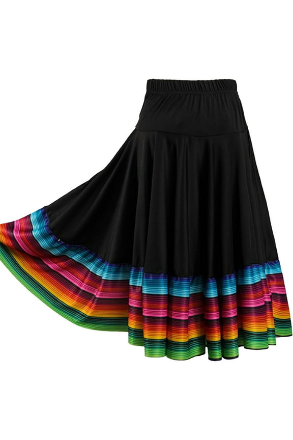 Women's Folklorico Skirts Spanish Swing High Waist Skirt Mexican Skirt Flamenco Folk Dance Black 55cm L
