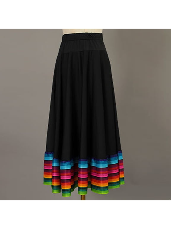 Women's Folklorico Skirts Spanish Swing High Waist Skirt Mexican Skirt Flamenco Folk Dance Black 75cm L