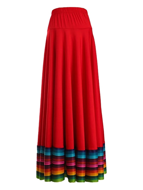 Women's Folklorico Skirts Spanish Swing High Waist Skirt Mexican Skirt Flamenco Folk Dance Red 87cm L