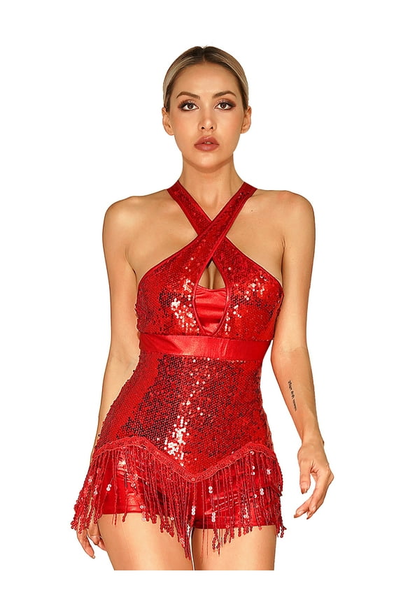 Women's Latin Dance Dress Crisscross Sequins Tassel Halter Bodysuit Salsa Cha-Cha Rumba Red S