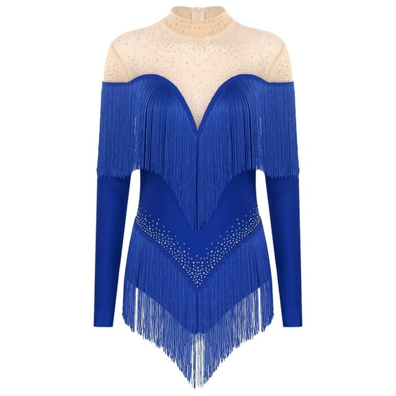 LiiYii Women's Latin Dance Leotard Rhinestone Shiny Fringe Dress Long Sleeve Ballroom Prom Dress Blue M