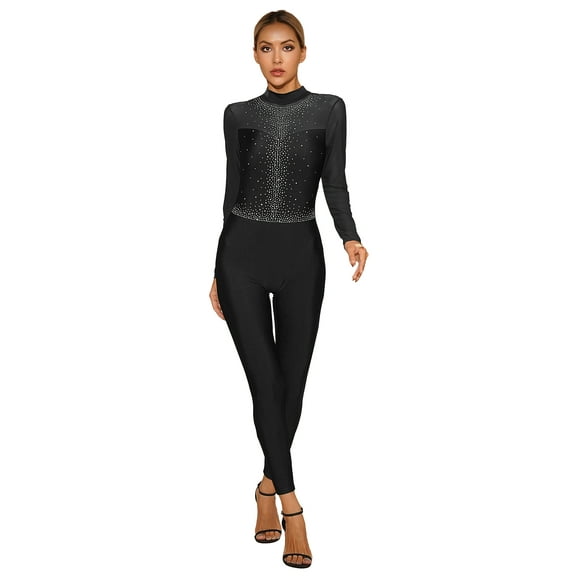 LiiYii Women's Long Sleeve Rhinestone Figure Ice Skating Bodysuit One Piece Leotard Full Body Black M