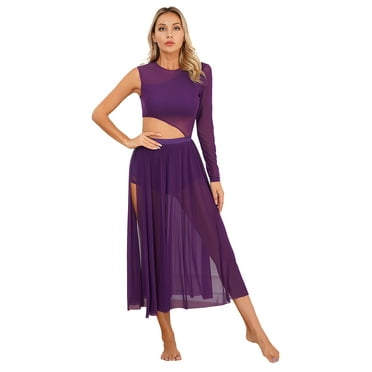 LiiYii Women's Lyrical Dance Costumes Side Split Sheer Mesh Flowy Ballet Dancewear Tulle Leotard Purple L