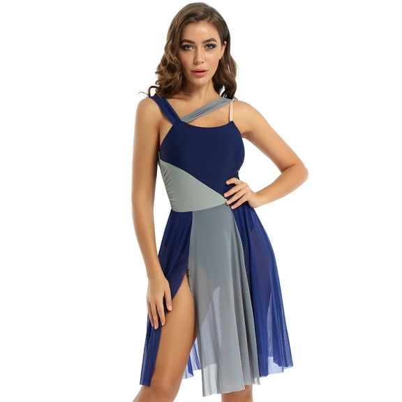 LiiYii Women's Lyrical Dance Dress Sleeveless Mesh Overlay Ballet Leotard Dress Modern Contemporary Navy Blue S
