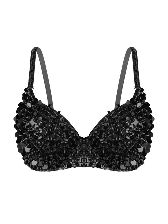 Women's Sparkly Sequins Bra Top Rave Dance Belly Dancing Crop Tops Push Up Corset Bra Party Black 34/75