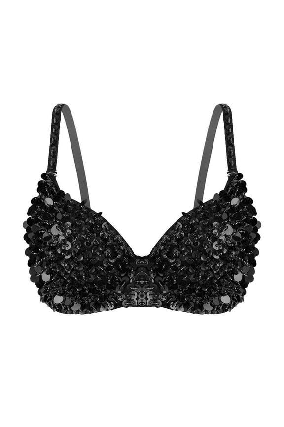 Women's Sparkly Sequins Bra Top Rave Dance Belly Dancing Crop Tops Push Up Corset Bra Party Black 36/80