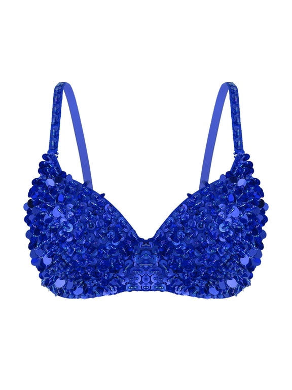 Women's Sparkly Sequins Bra Top Rave Dance Belly Dancing Crop Tops Push Up Corset Bra Party Blue 34/75