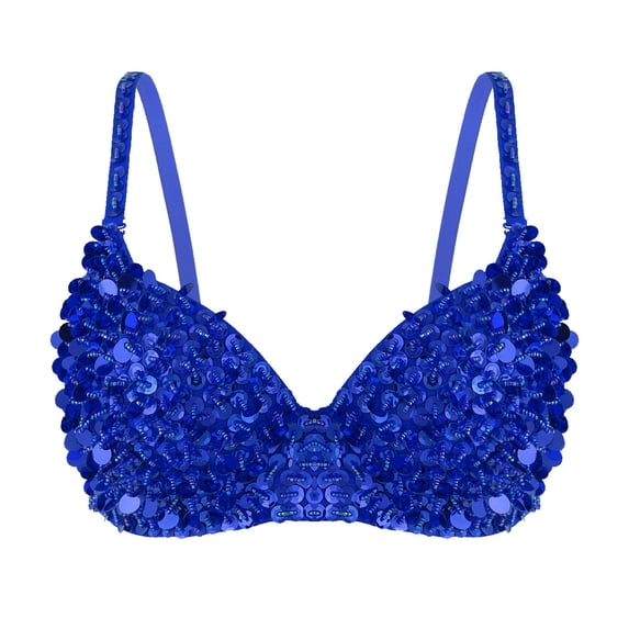 LiiYii Women's Sparkly Sequins Bra Top Rave Dance Belly Dancing Crop Tops Push Up Corset Bra Party Blue 38/85