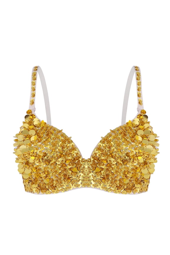 Women's Sparkly Sequins Bra Top Rave Dance Belly Dancing Crop Tops Push Up Corset Bra Party Gold 34/75