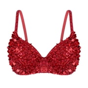 LiiYii Women's Sparkly Sequins Bra Top Rave Dance Belly Dancing Crop Tops Push Up Corset Bra Party Red 36/80