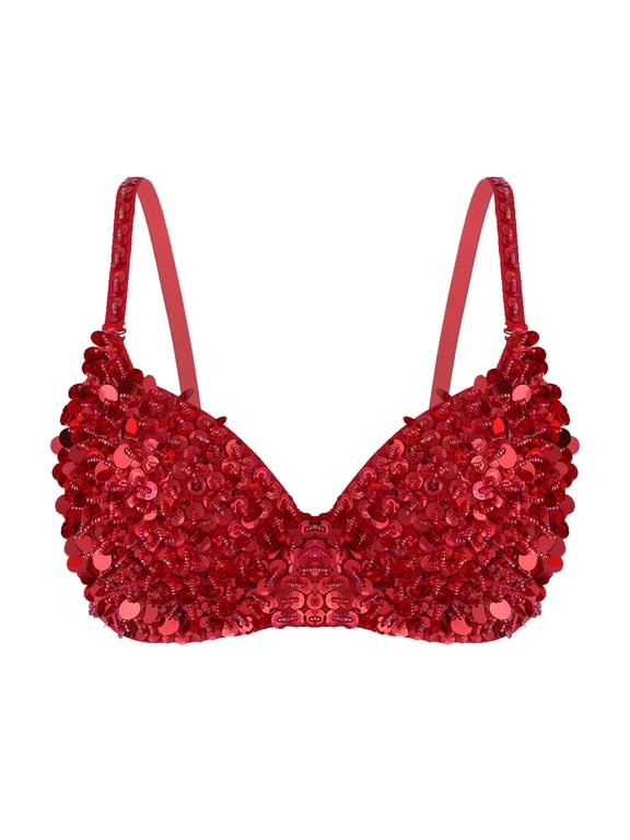 Women's Sparkly Sequins Bra Top Rave Dance Belly Dancing Crop Tops Push Up Corset Bra Party Red 36/80