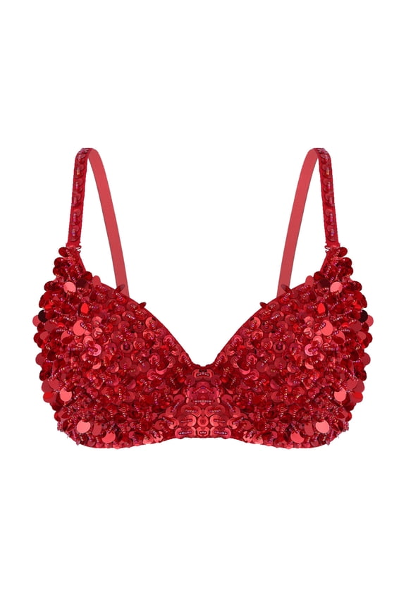 Women's Sparkly Sequins Bra Top Rave Dance Belly Dancing Crop Tops Push Up Corset Bra Party Red 36/80