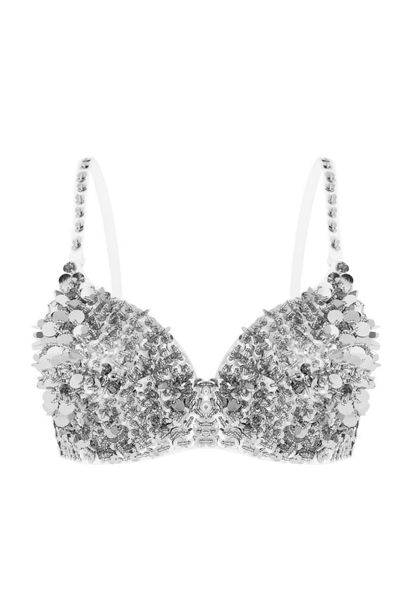 Women's Sparkly Sequins Bra Top Rave Dance Belly Dancing Crop Tops Push Up Corset Bra Party Silver 38/85