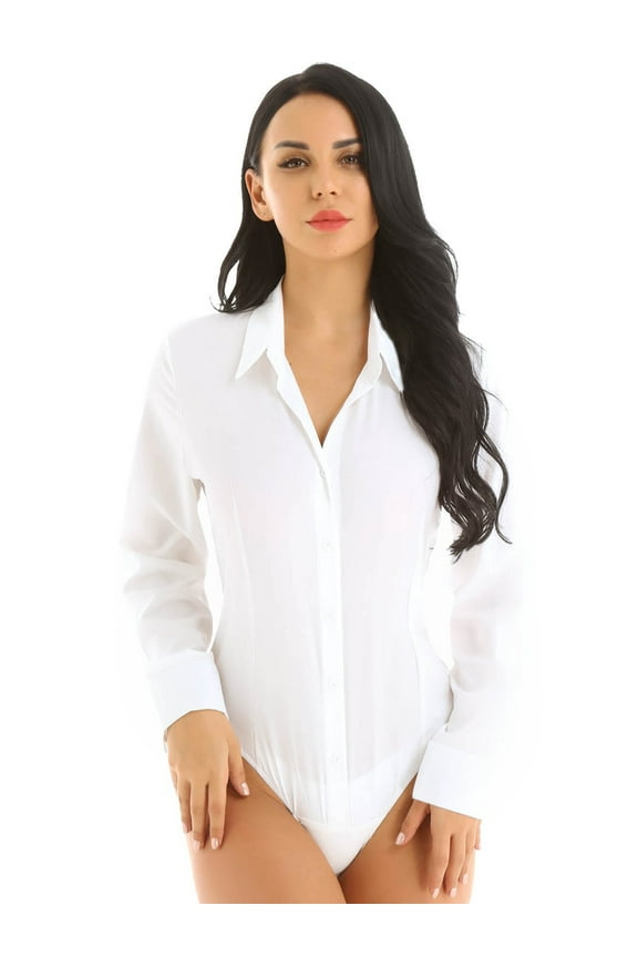Women's Turn-Down Collar Long Sleeve Button Down Shirts Bodysuit One Piece Leotard Top Casual Blouses White M