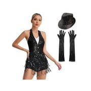 LiiYii Womens 4PCs Dance Costumes for Jazz Latin Tango Sparkly Shiny Performance Party Club Dance Black XXL