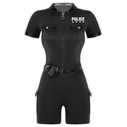 LiiYii Womens Police Uniform Cop Uniform Outfit Set Short Sleeve Policewoman Jumpsuit Bodysuit Leotard Black S