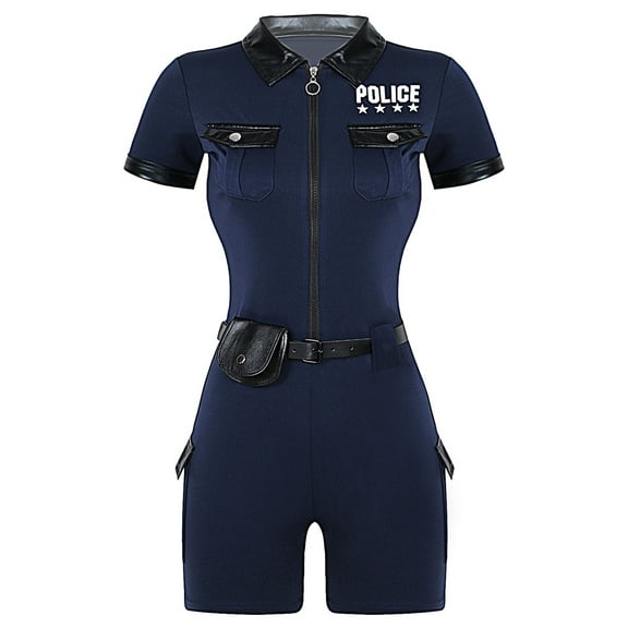 LiiYii Womens Police Uniform Cop Uniform Outfit Set Short Sleeve Policewoman Jumpsuit Bodysuit Leotard Navy Blue XL