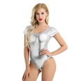 thumbnail image 1 of LiiYii Womens Shiny Metallic Solid Scoop Neck Short Sleeve Fitted Stretchy Bodysuit Dance Leotard Silver L, 1 of 7