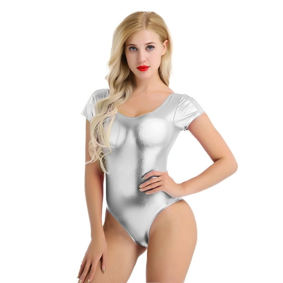LiiYii Womens Shiny Metallic Solid Scoop Neck Short Sleeve Fitted Stretchy Bodysuit Dance Leotard Silver XXL