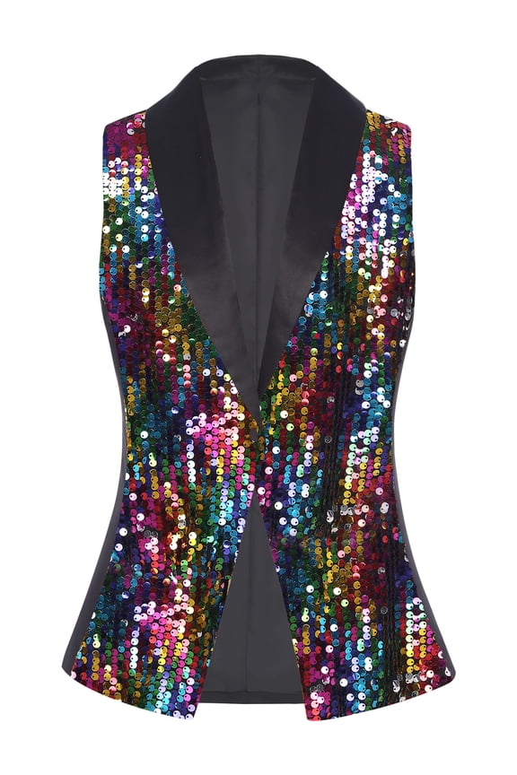 Womens Sparkly Sequin Vest Glitter Dressy Waistcoat Sleeveless Glitter Party Jacket Outerwear Tops Multicolor S