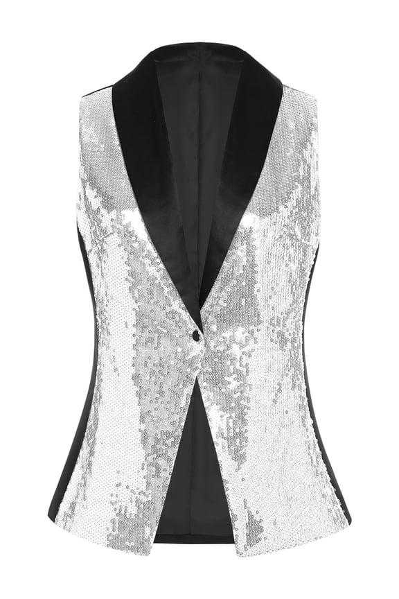 Womens Sparkly Sequin Vest Glitter Dressy Waistcoat Sleeveless Glitter Party Jacket Outerwear Tops Silver S