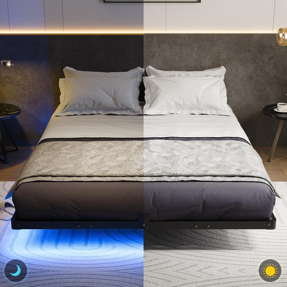 Liians King Size Floating Bed Frame with Smart LED Lights and USB Charging Station, Modern Sturdy Metal Platform, Noise Free, No Box Spring Needed Easy Assembly