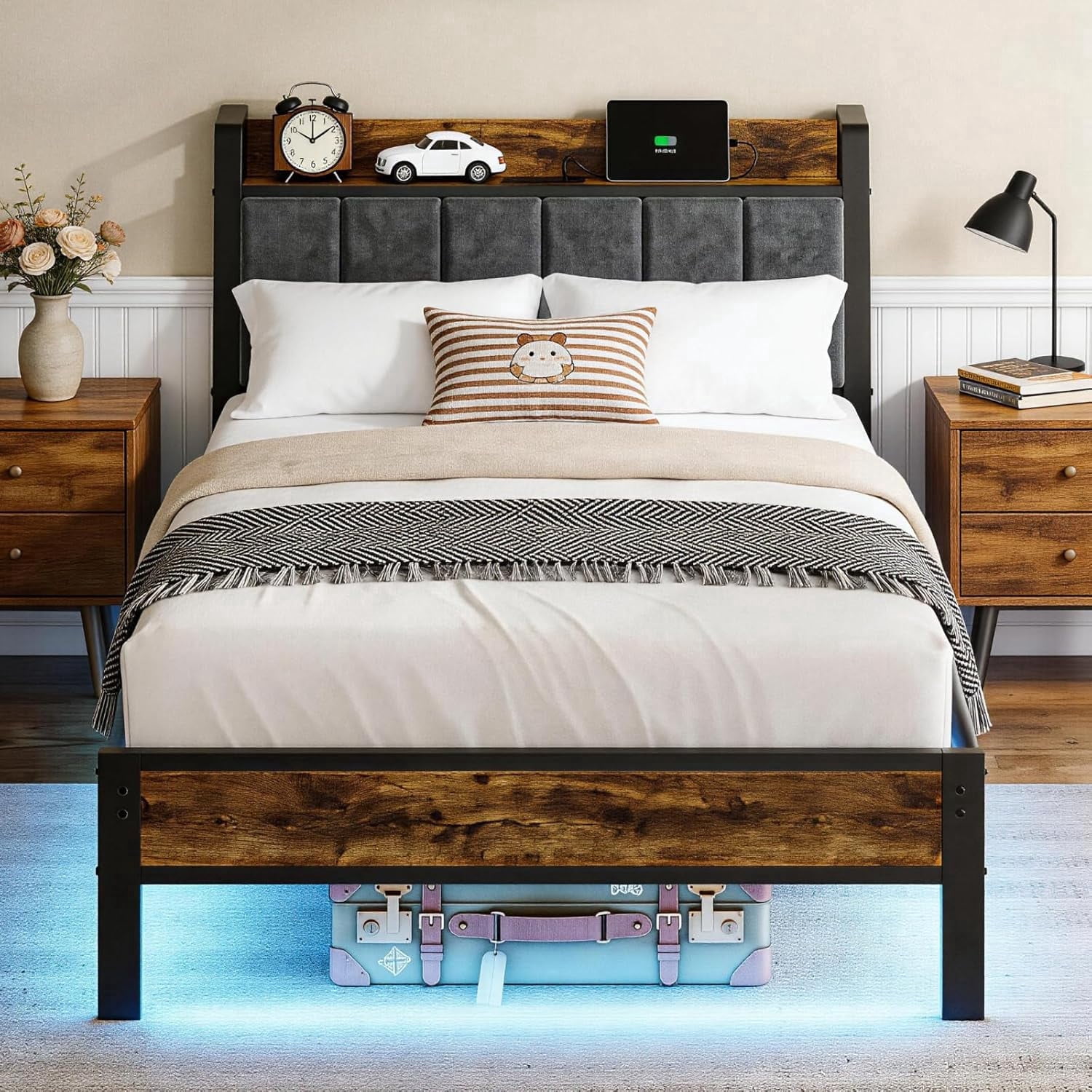 Liians Twin Size Bed Frame with Storage Headboard and Charging Station ...