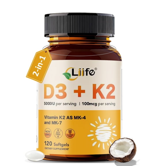 Liife Vitamin D3 K2MK7+MK4 Supplement 5000IU with Organic Extra Virgin Coconut Oil - Supports Calcium Absorption, Bone & Immune Health- Non-GMO 120 Softgels