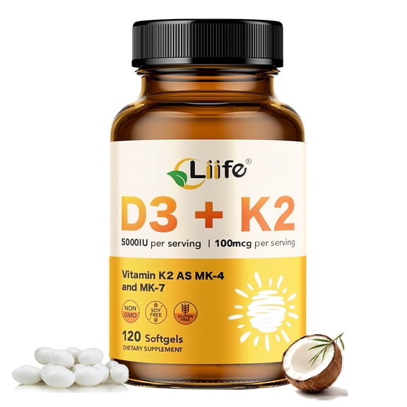 Liife Vitamin D3 K2MK7+MK4 Supplement 5000IU with Organic Extra Virgin Coconut Oil - Supports Calcium Absorption, Bone & Immune Health- Non-GMO 120 Softgels