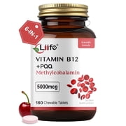 Liife Methylcobalamin Higher PQQ + Vitamin B12 5000 mcg | Boosts Antioxidant Power & Mitochondrial Support, Promotes Brain & Nerve Health | 180 Chewable Tablets, Gluten-Free Formula, Cherry Flavor