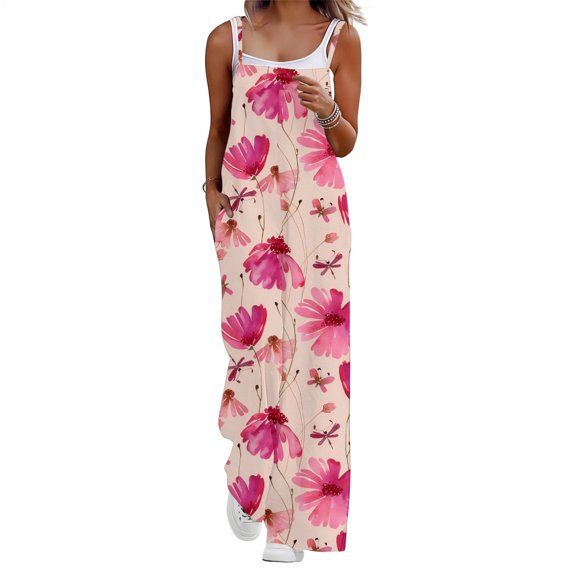 Liilaimic Jumpsuits for Women Boho Floral Casual Jumpsuits Summer Sleeveless Overalls with Pockets for Vacation apposite